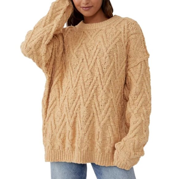 Free People 'Isla' Cable-Knit Cotton-Blend Pullover Tunic Sweater, Camel - Picture 1 of 2